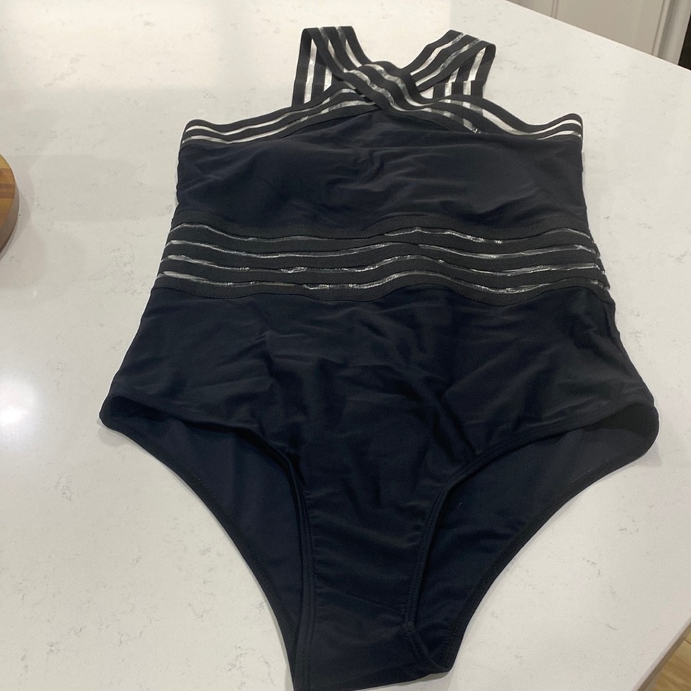 TIKI BAR GETAWAY BLACK MESH CROSS FRONT SWIMSUIT